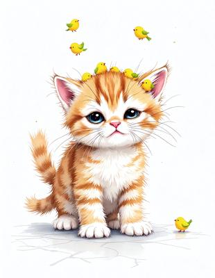 The primary subject of the image is a small orange and white kitten with a yellow bird perched on its head. The kitten is sitting on a white surface, which could be a table or a floor. The visual style of the image is a colorful and whimsical illustration, with the kitten and the bird being the main focus. The colors and mood of the image are lively and cheerful, with the kitten and the bird creating a playful and delightful scene.
